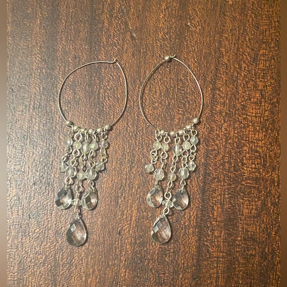 Vintage Clear Crystal Teardrop Dangle Hoop Earrings - Women Jewelry, pierced